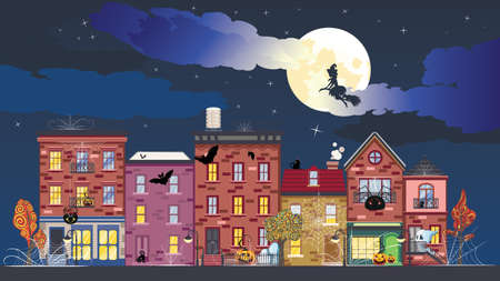 Houses in old town decorated for Halloween holiday celebration.のイラスト素材