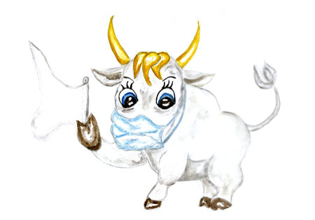 Cartoon bull wears a protective face mask on white
