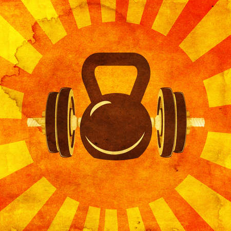 Abstract fitness themed retro design, dumbbells and kettlebell paper textured background illustration.の写真素材