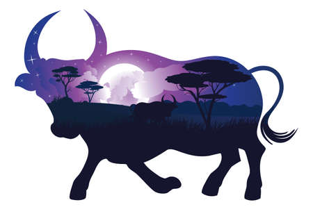 Illustration of night landscape inside of a bull silhouette design.のイラスト素材