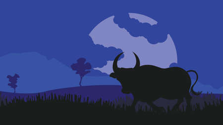 Illustration of night landscape and bull silhouette design.のイラスト素材