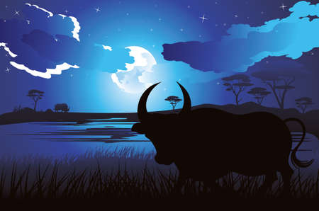 Illustration of night landscape and bull silhouette design.のイラスト素材