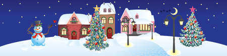 Winter village with small retro houses decorated for Christmas day.のイラスト素材
