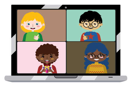 Cartoon boys and girls chatting on laptop screen, distant learning, office chat, communication themed background.のイラスト素材