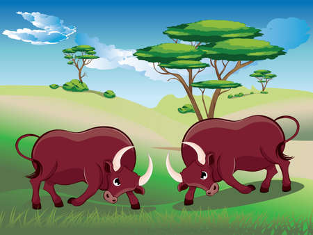 Countryside landscape with cartoon brown bull illustration.のイラスト素材