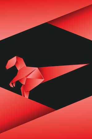 Abstract origami velociraptor, red paper folding dinosaur design.のイラスト素材
