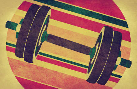 Abstract fitness themed retro design, dumbbells paper textured background illustration.の写真素材