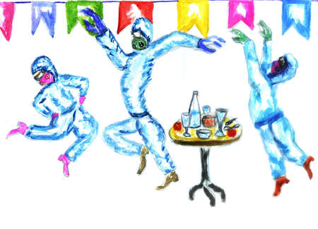 People dancing in protective suits, hand drawn illustration.の写真素材