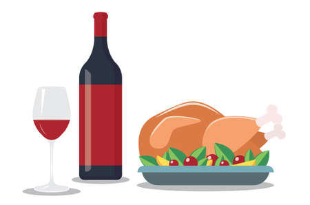 Tasty roasted turkey or chicken with vegetables on a plate and glass of red wine, traditional holiday dinner.のイラスト素材