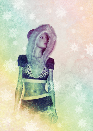 Fantasy 3d rendered winter girl portrait on soft background with snowflakes, digital illustration.の写真素材