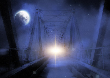 Dark foggy night and the metal railroad bridge, photo manipulation.の写真素材