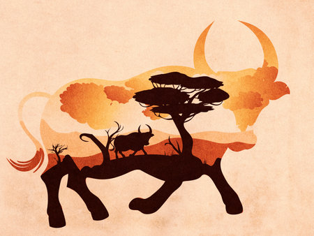 Illustration of sunset landscape inside of a bull silhouette design with paper texture.の写真素材