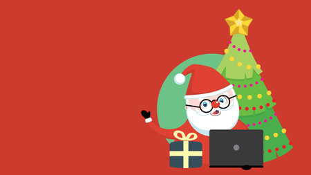 Christmas banner with Christmas tree and cartoon Santa works on a laptop.のイラスト素材