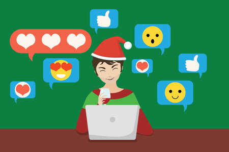 Cartoon man with a laptop wears a Christmas hat, chatting online in social media, concept illustration.のイラスト素材