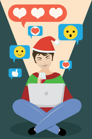 Cartoon man with a laptop wears a Christmas hat, chatting online in social media, concept illustration.のイラスト素材