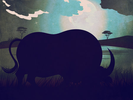 Illustration of night landscape and bull silhouette design with paper texture.の写真素材