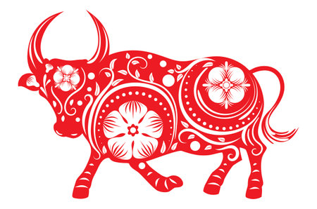 Silhouette of bull with white flowers illustration.のイラスト素材