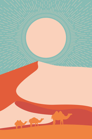 Sand dunes in desert, vintage minimalist poster design.のイラスト素材