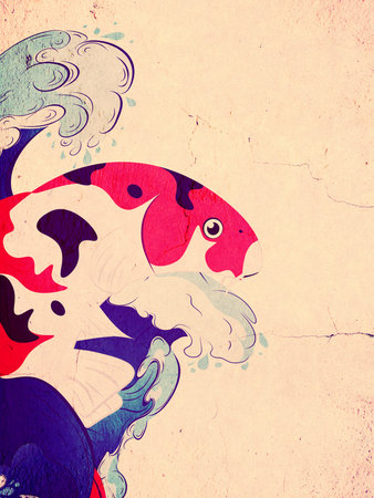 Decorative grunge japanese fish koi carp textured illustration.の写真素材