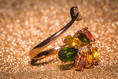 Fashion gold ring with colorful tourmaline stones.の写真素材