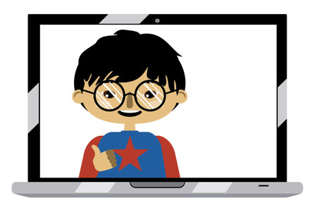 Cartoon asian boy on laptop screen, chatting online, distance technology concept.のイラスト素材