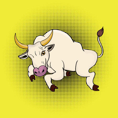 Illustration with cartoon white bull in a jump design.のイラスト素材