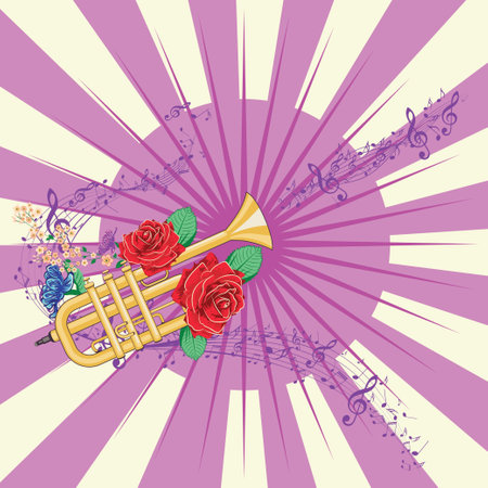 Yellow trumpet with red roses and music notes illustration.のイラスト素材