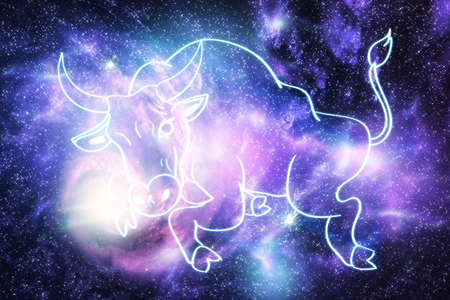 Abstract jumping bull line with starry outer space texture background.の写真素材