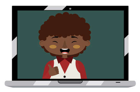 Cartoon afro american boy on laptop screen, chatting online, distance technology concept.のイラスト素材