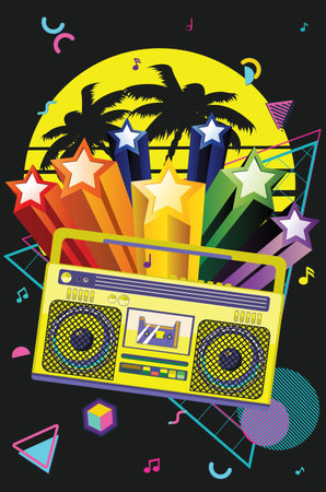 Funky 80s portable radio cassette player, a boombox with geometric shapes design.のイラスト素材