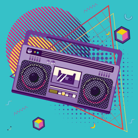 Funky 80s portable radio cassette player, a boombox with geometric shapes design.
