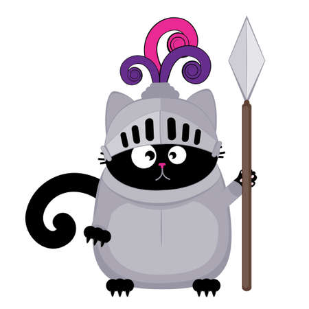 Cute cartoon black cat wears knight armor illustration.のイラスト素材