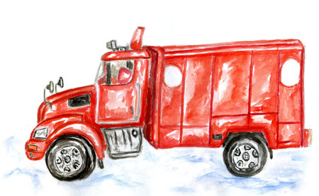 Cartoon red big track, hand drawn illustration.