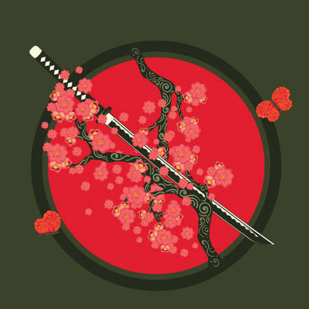 Traditional samurai weapon, Japanese katana sword with sakura retro design.のイラスト素材