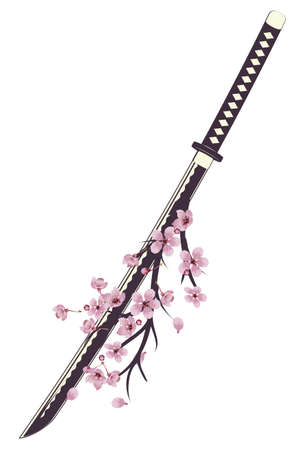 Traditional samurai weapon, Japanese katana sword with sakura retro design.のイラスト素材