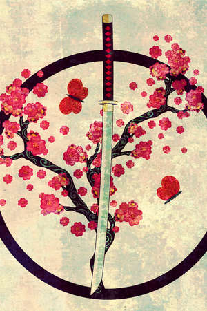 Traditional samurai weapon, Japanese katana sword with sakura grunge retro design.の写真素材