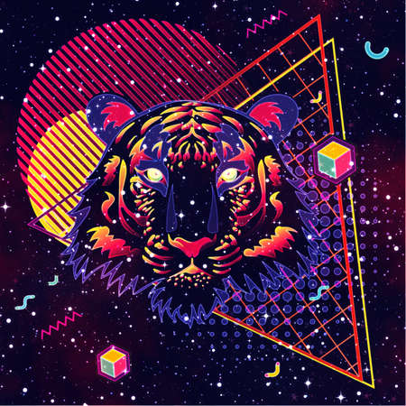 Abstract tiger with geometric elements and starry space texture, retro style illustration.の写真素材