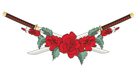 Japanese katana sword and red rose flowers with leaves illustration.のイラスト素材