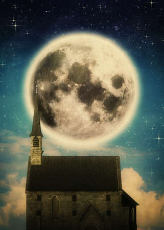 Ancient 3d catholic church and full moon, 3d digital illustrationの写真素材