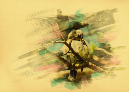 Wild forest songbird on pine tree branch vintage card design.の写真素材