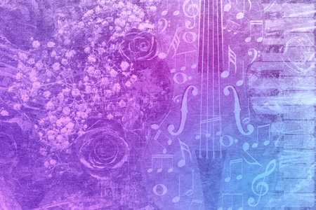 Retro illustration with a bouquet of roses, violin and music notes.の写真素材