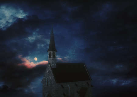 Ancient 3d catholic church and full moon, 3d digital illustrationの写真素材