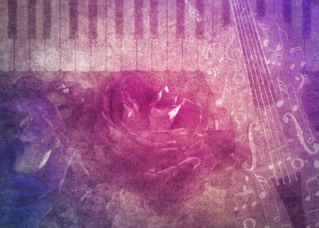 Retro illustration with a bouquet of roses, violin and music notes.の写真素材