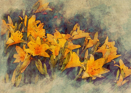 Vintage yellow lily flowers digital illustration with painting effect, photo manipulation.の写真素材