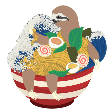 Cute cartoon sloth with a bowl of ramen illustration.のイラスト素材