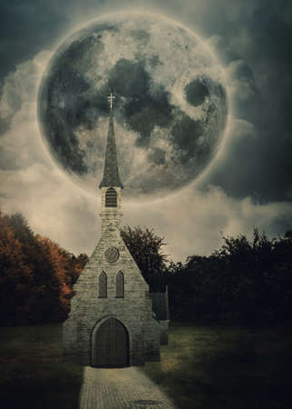 Ancient 3d catholic church in the forest, 3d digital illustration, elements of this image are furnished by NASA.の写真素材