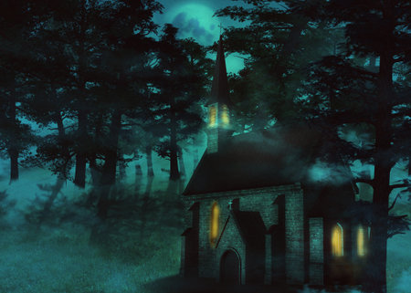 Ancient 3d catholic church in the forest, 3d digital illustrationの写真素材