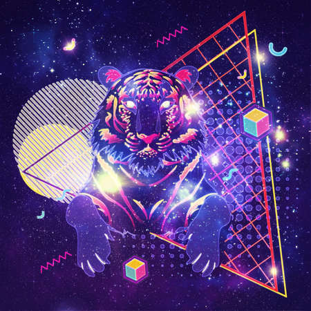Abstract tiger with geometric elements and starry space texture, retro style illustration.の写真素材