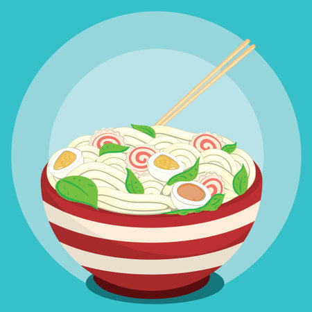 Cartoon red bowl with noodle soup, ramen illustration.