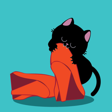 Cute cartoon black kitten bites shoes illustration.のイラスト素材